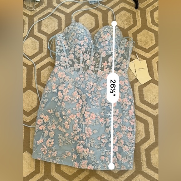 STACEES Sparkly Floral Sequined Lace-Up Dress with Glitter in Sky Blue 4 NWT - Picture 9 of 11